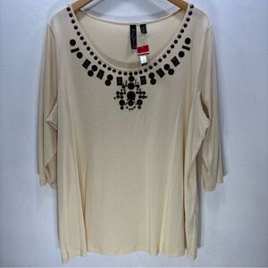 Avenue Cream Relaxed Fit Comfortable Embellished Soft Classic Blouse Size 18/20